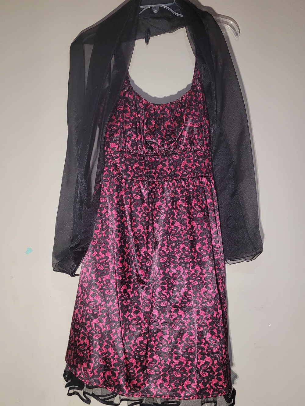 Fashion Bug Pink and Black Floral Lace-Print Party Dress with Black Shawl